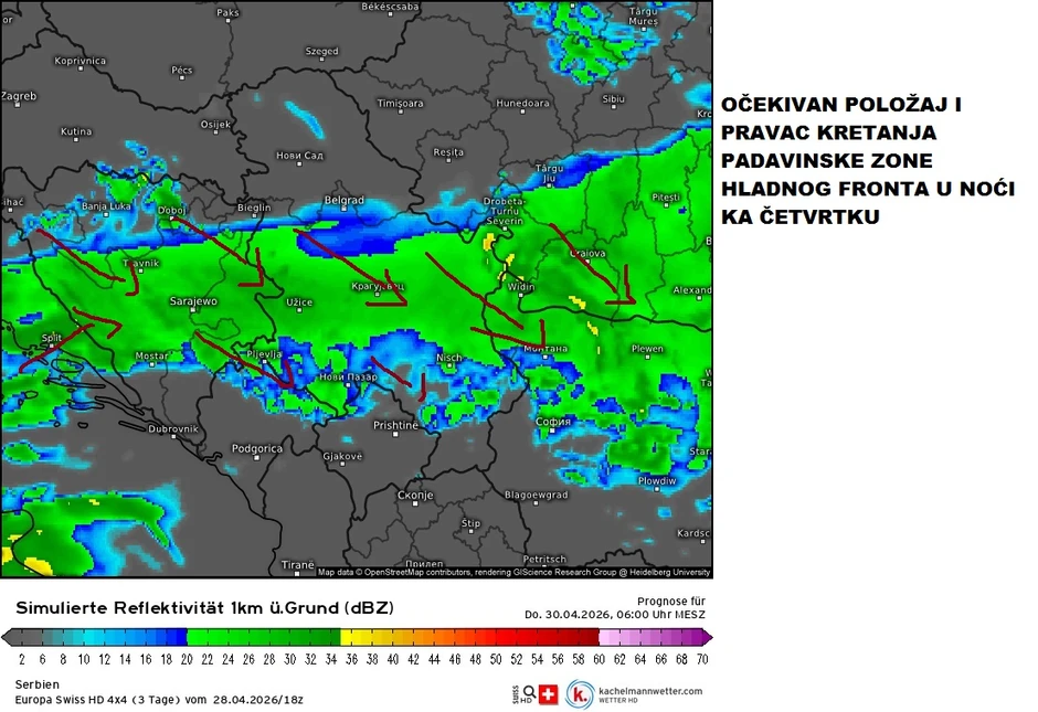 Mapa padavina u noći ka četvrtku