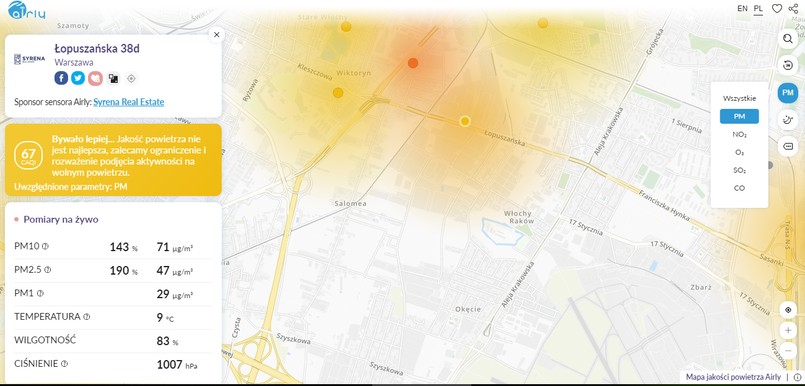 Mapa zanieczyszczenia powietrza nad Warszawą