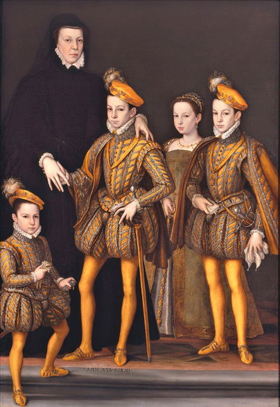 Katarzyna Medycejska wraz z dziećmi, młodym królem Karolem IX, Henrykiem (przyszłym Henrykiem III), następnie księciem orleańskim Franciszkiem, przyszłym księciem Alençon i ich siostrą Małgorzatą