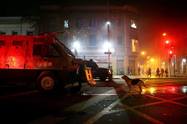 A dog barks at a riot police vehicle during a rally held to support women's rights to an abortion in