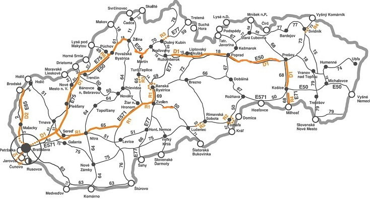 Słowacja, mapa płatnych odcinków dróg do 3,5 tony (2015)