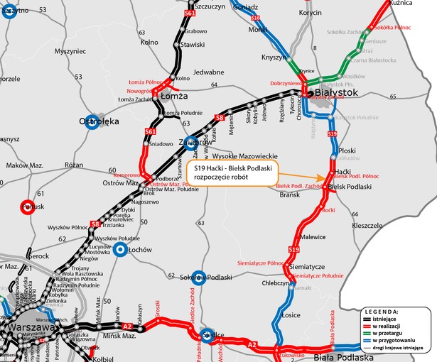 Mapa przebiegu S19 w woj. podlaskim