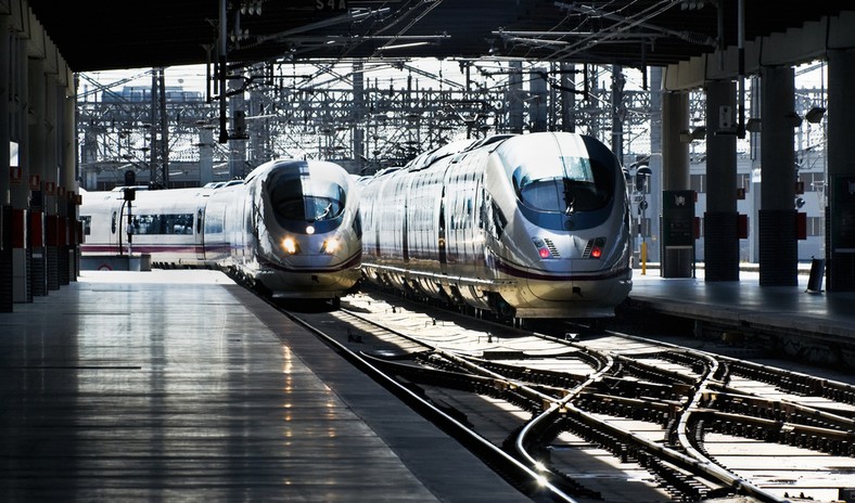 Szybka kolej AVE hiszpańskiej sieci kolejowej RENFE wjeżdza na peron na stacji Madryt-Atocha (2). Fot. Shutterstock.