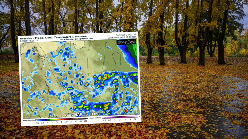 W poniedziałek przydadzą się kurtki i parasole (mapa: wxcharts.com)