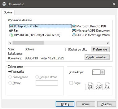 Po zainstalowaniu Bullzip PDF Printer widoczny będzie na liście drukarek dostępnych w systemie.