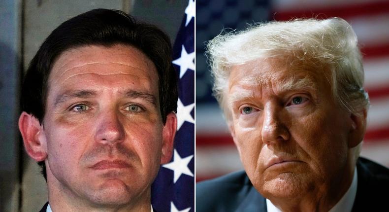 Republican presidential candidate Florida Gov. Ron DeSantis pauses during a campaign event, Thursday, June 1, 2023, in Salem, N.H.; Former President Donald Trump speaks with supporters at the Westside Conservative Breakfast, Thursday, June 1, 2023, in Des Moines, Iowa.Charles Krupa, Associated Press; Charlie Neibergall,  Associated Press