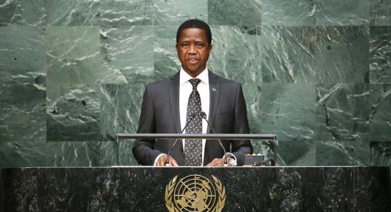 Zambian President Edgar Lungu speaks before attendees during the 70th session of the United Nations General Assembly at the U.N. Headquarters in New York, September 29, 2015. REUTERS/Eduardo Munoz