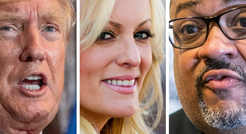 Former President Donald Trump, left. adult film star Stormy Daniels, center. Manhattan District Attorney Alvin Bragg, right.Alex Brandon/AP, left. Markus Schreiber/AP, center. Eduardo Munoz Alvarez/AP, right.