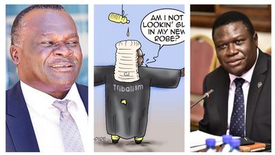 Minister Norbert Mao (R) says illustrations such as this of the Chief Justice (L) by cartoonist Jimmy Spire are degrading the Judiciary