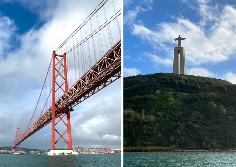 Most 25 kwietnia oraz pomnik Cristo Rei w miejscowości Almada, na drugim brzegu Tagu