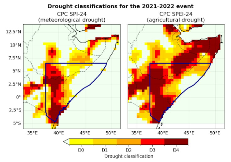 Ilustracja 2. Klasyfikacja dwóch rodzajów suszy (meteorologicznej i rolniczej) w Rogu Afryki według modelu z US Drought Monitor. Analiza obejmuje okres styczeń 2021 – grudzień 2022. US. Drought Monitor/WWA