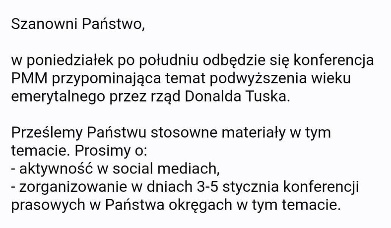 Informacja wysyłana do członków PiS