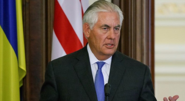 U.S. Secretary of State Rex Tillerson gestures as he delivers a joint statement with Ukrainian President Petro Poroshenko in Kiev