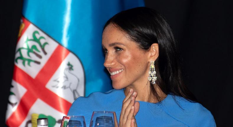 Meghan Markle during an official dinner in Fiji, Tuesday, October 23, 2018. It is not clear whether the earrings in the image are the pair in question.
