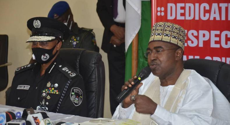 Chairman, NDLEA, retired, Brig. Gen. Buba Marwa, with the Acting Inspector General of Police, Usman Baba when he paid a courtesy visit to the Agency’s headquarters in Abuja. [Twitter/@ndlea-nigeria]