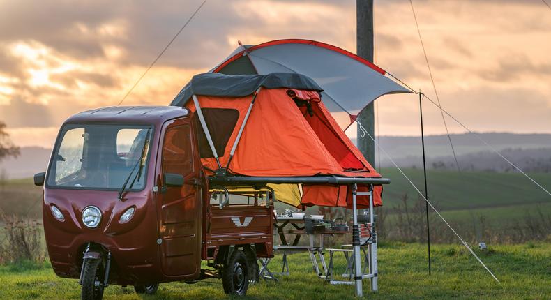 The tiny camper has room for two.