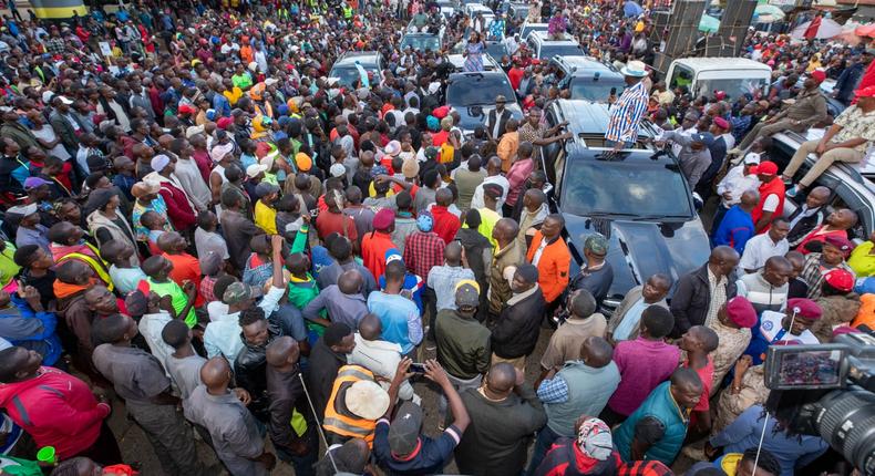 Opposition leader Raila Odinga addressing his supporters in Kiambu on Friday, March 17, 2023
