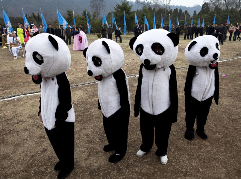 Dzieci przebrane w stroje misiów panda w parku w Phenianie w trakcie prób przed przedstawieniem upamiętniającym wodza Korei Północnej, Kim Ir Sena