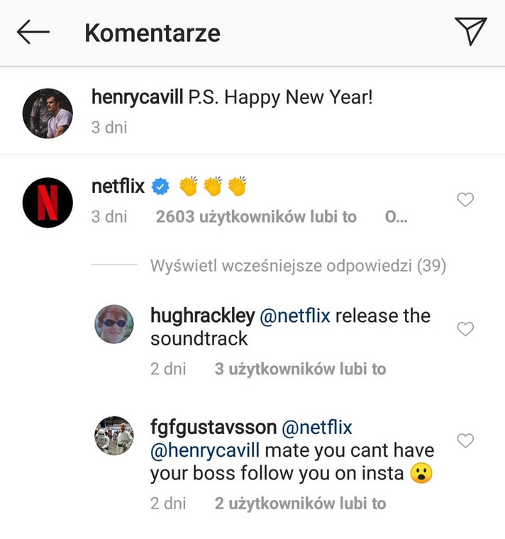 Netflix odpowiada na Instagramie na post Henry'egp Cavilla