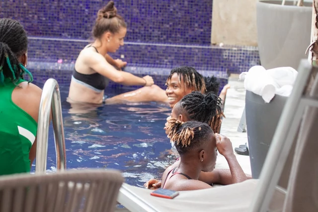 Super Falcons take to swimming pool for recovery session after loss to Morocco [Photos] | Pulse Nigeria