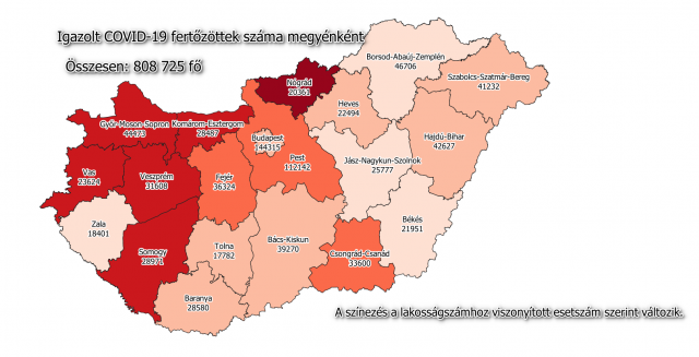 A fertőzöttek megoszlása megyénként / Fotó: koronavirus.gov.hu