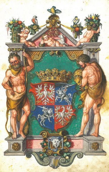 Symbole Polski i Litwy, orzeł biały i pogoń, razem na jednym herbie (autor nieznany, 1571, domena publiczna).