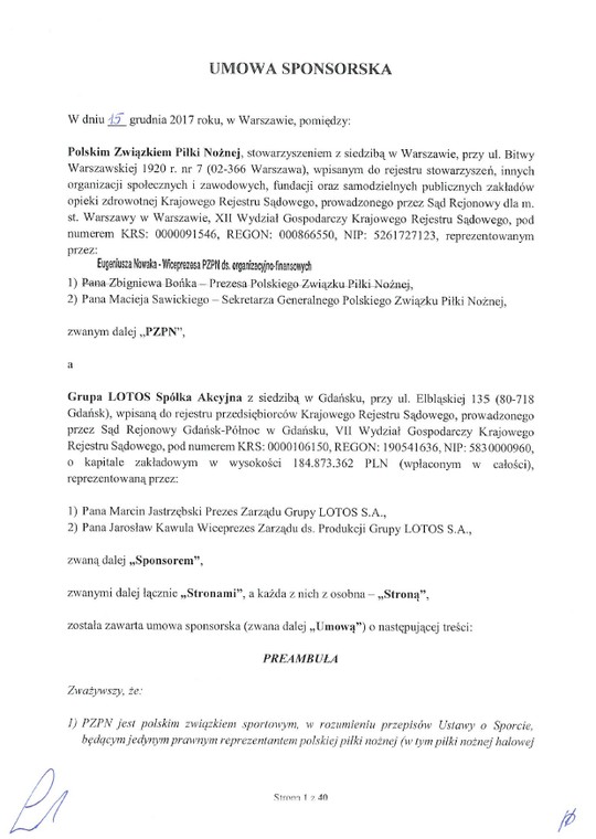 Umowa sponsorska zawarta przez PZPN i Grupę Lotos na lata 2019 - 2022