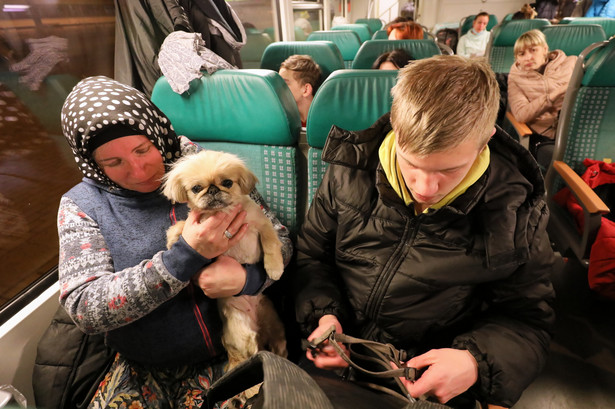 Uchodźcy z Ukrainy w specjalnym pociągu Kolei Mazowieckich na dworcu kolejowym w Chełmie