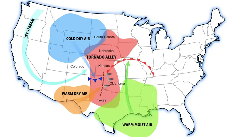 Schemat ścierania się mas powietrza w Oklahomie