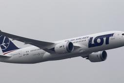 Boeing 787 Dreamliner purchased by Poland's LOT Airlines performs a low altitude flyover at the Chopin International Airport in Warsaw