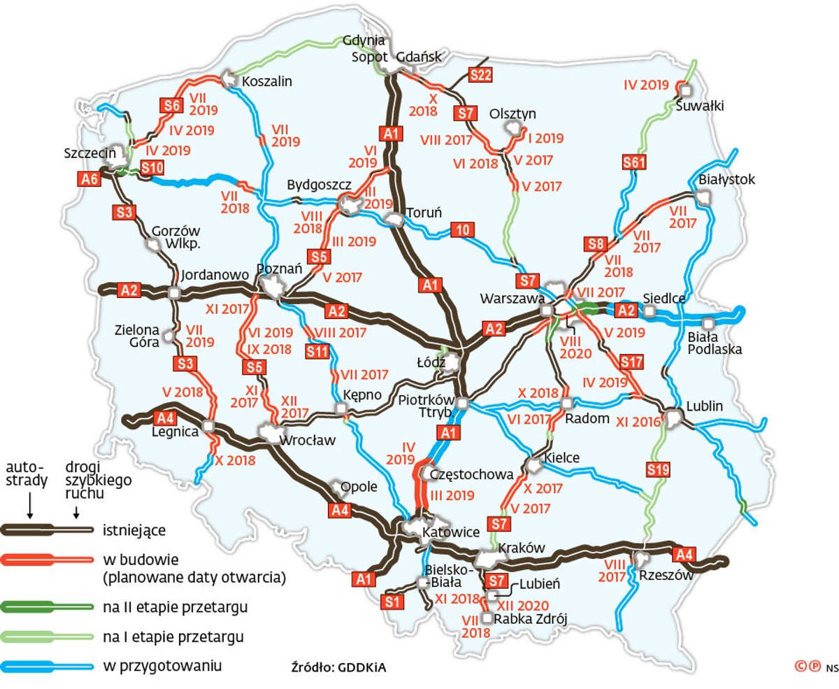 GDDKiA - MAPA aktualna z datami zakończenia prac