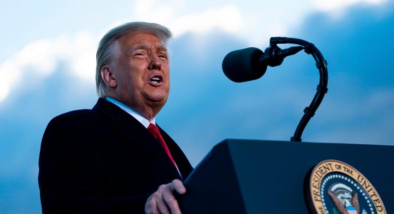 Outgoing US President Donald Trump addresses guests at Joint Base Andrews in Maryland on January 20, 2021.