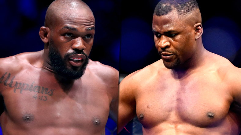 Jon Jones (z lewej) i Francis Ngannou