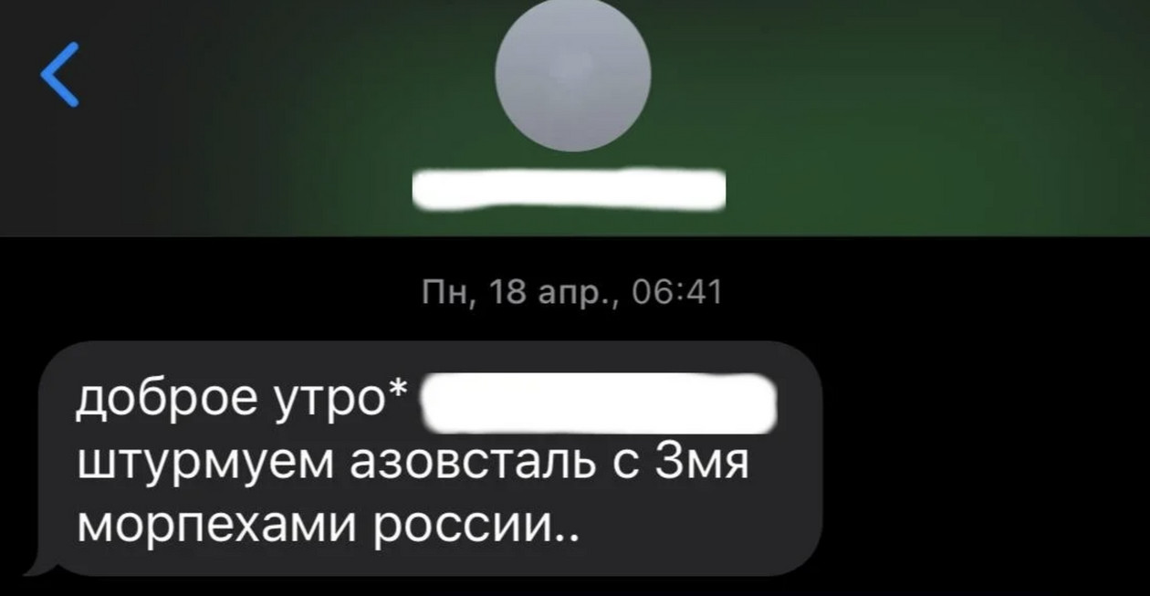 SMS od męża Jeleny: "Dzień dobry (...) szturmujemy azowstal z 3 żołnierzami rosyjskiej piechoty morskiej" 