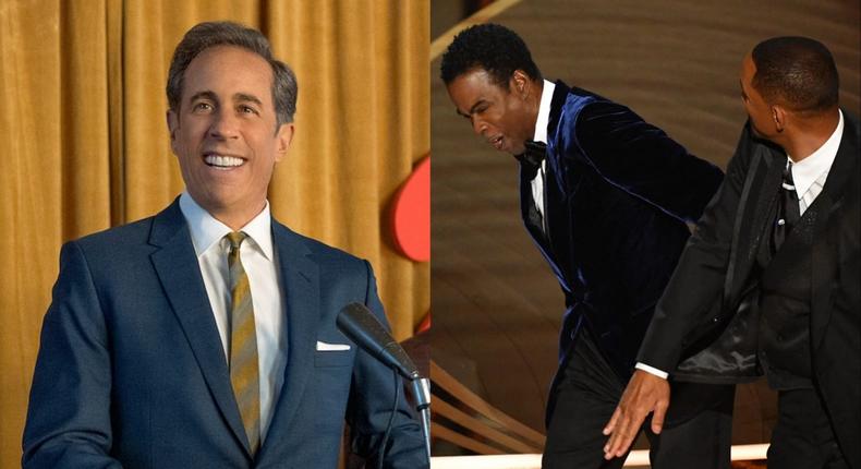 Jerry Seinfeld in Unfrosted side by side with Will Smith slapping Chris Rock at the 2022 Oscars.John P. Johnson / Netflix / Robyn Beck / AFP via Getty Images