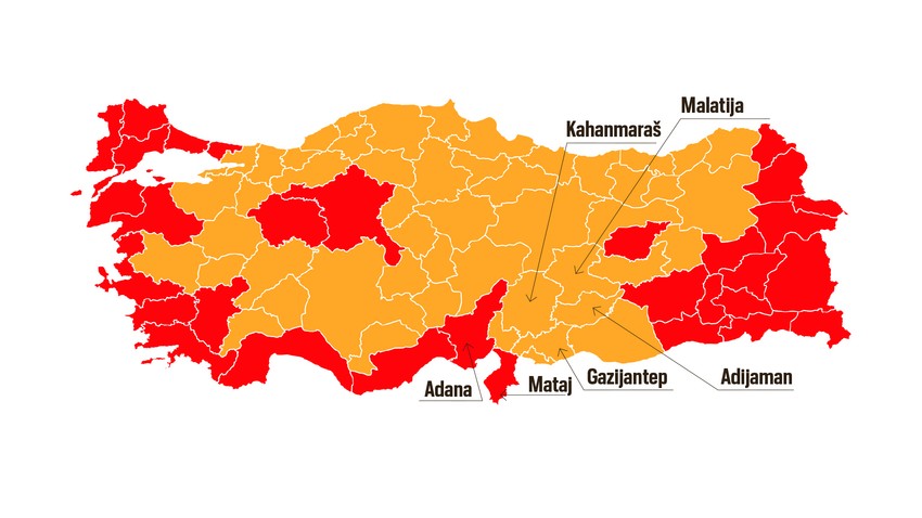Crvenom bojom su označene regije u kojima je pobedio Kiličdaroglu, a žutom one u kojima je pobedio Erdogan