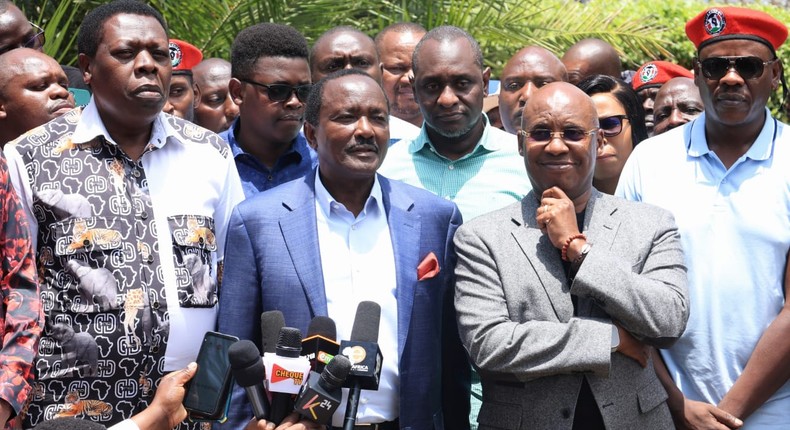 Azimio la Umoja principal and Wiper leader Kalonzo Musyoka, Democratic Alliance Party leader (DAP K) leader Eugine Wamalwa and Safina party leader Jimi Wanjigi addressing the press after a church service on Sunday, September 29, 2024.