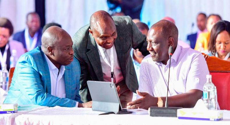 President William Ruto DP Rigathi Gachagua and Head of Public Service Felix Koskei during the Cabinet Secretaries Retreat at Fairmont Mount Kenya Safari Club