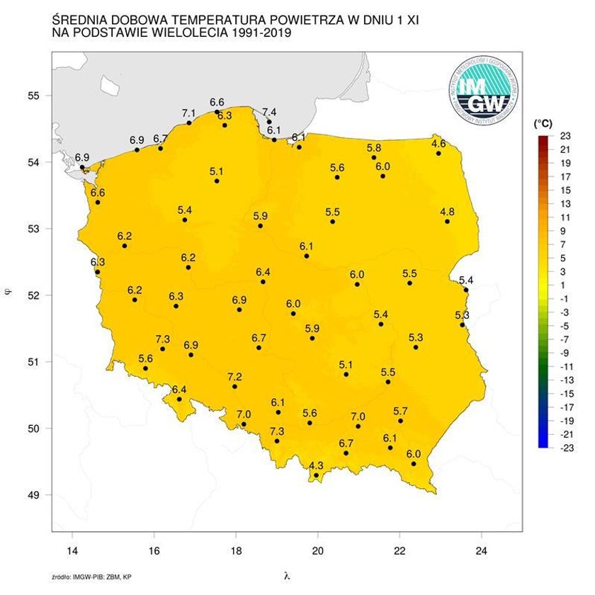 1 listopada – średnia dobowa temperatura powietrza