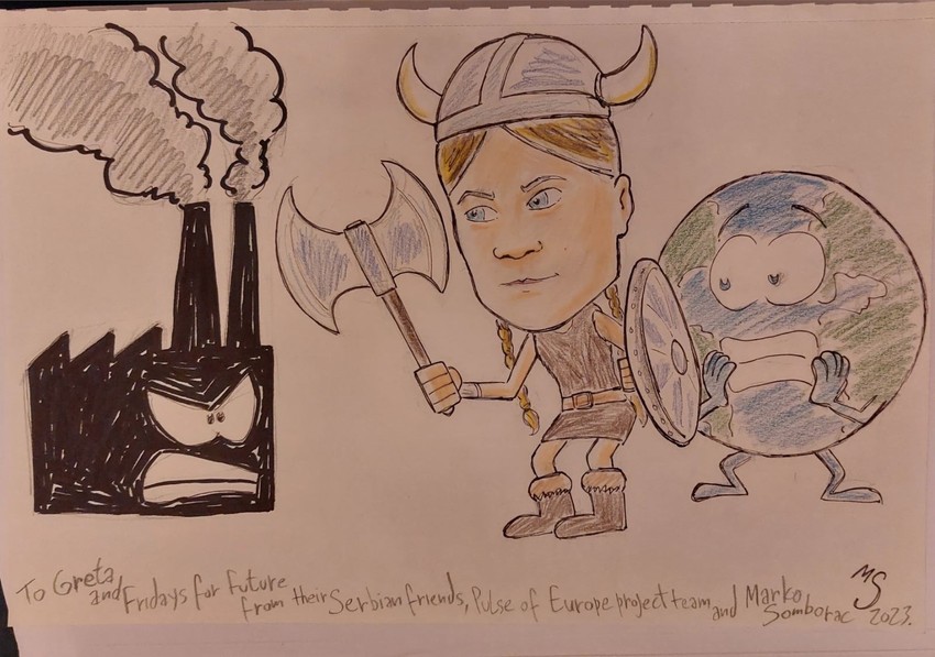 Karikatura koju je Marko Somborac nacrtao za Gretu Tunberg