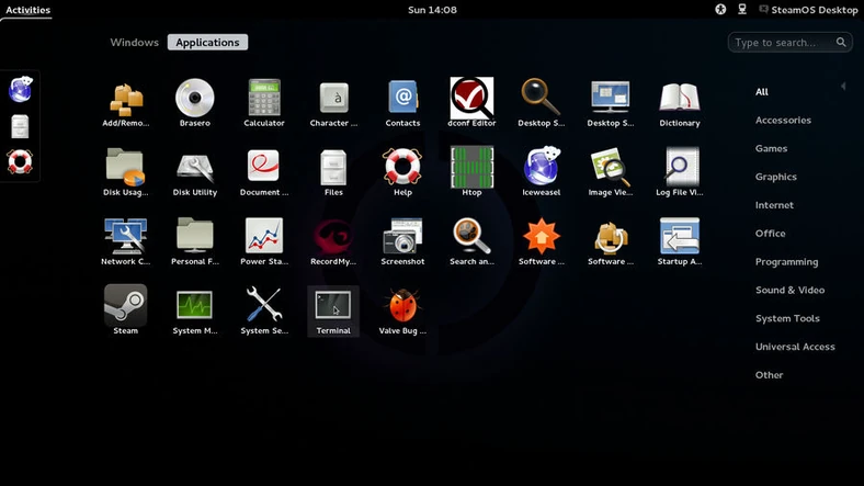 Desktop systemu SteamOS. Jak widać, przewidziano funkcje multimedialne i inne narzędzia