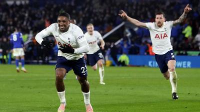 Double Dutch: Steven Bergwijn scored twice in stoppage time to give Tottenham a 3-2 win over Leicester Creator: Geoff Caddick