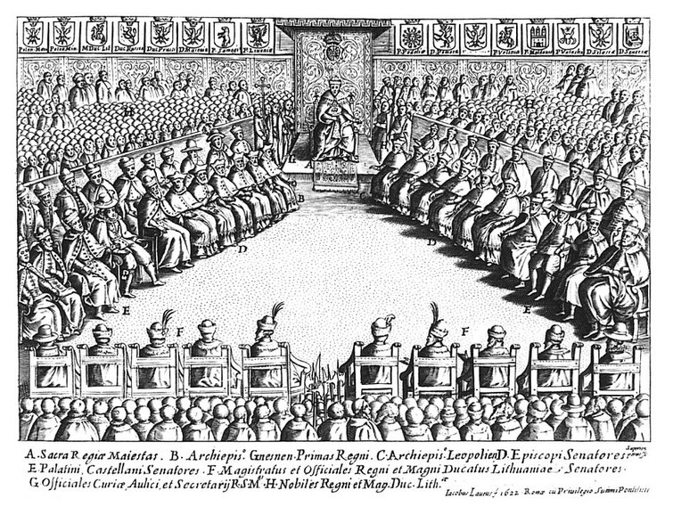 Rycina Giacomo Lauro przedstawiająca sejm walny w czasach Zygmunta III Wazy (domena publiczna)