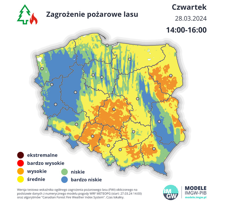 Zagrożenie pożarowe lasu. Stan na 28 marca 2024 r.