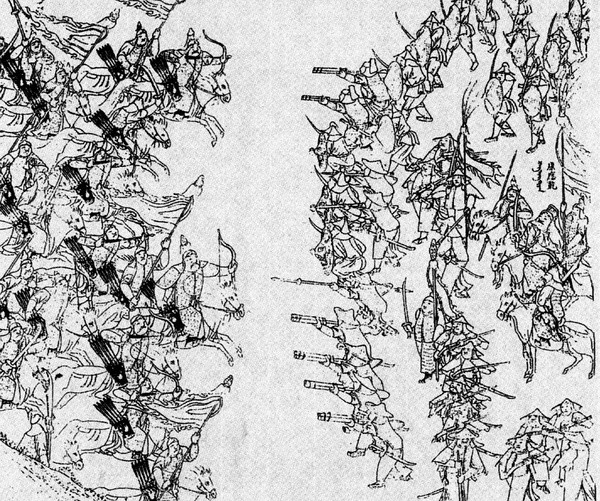 Jazda chorągwi Nurchaczego atakująca chińską piechotę Ming uzbrojoną w muszkiety, rysunek z 1635 r.