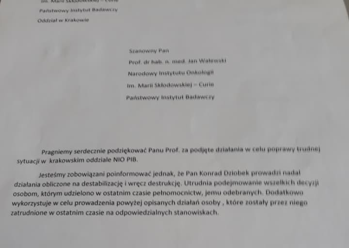 Memorandum pracowników instytutu wysłane po cofnięciu pełnomocnictwa dyrektorowi