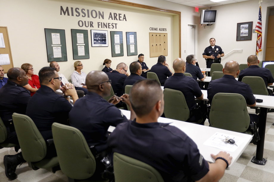 LAPD Sgt. Dan Gomez speaks to the Los Angeles Police Department on August 31, 2015
