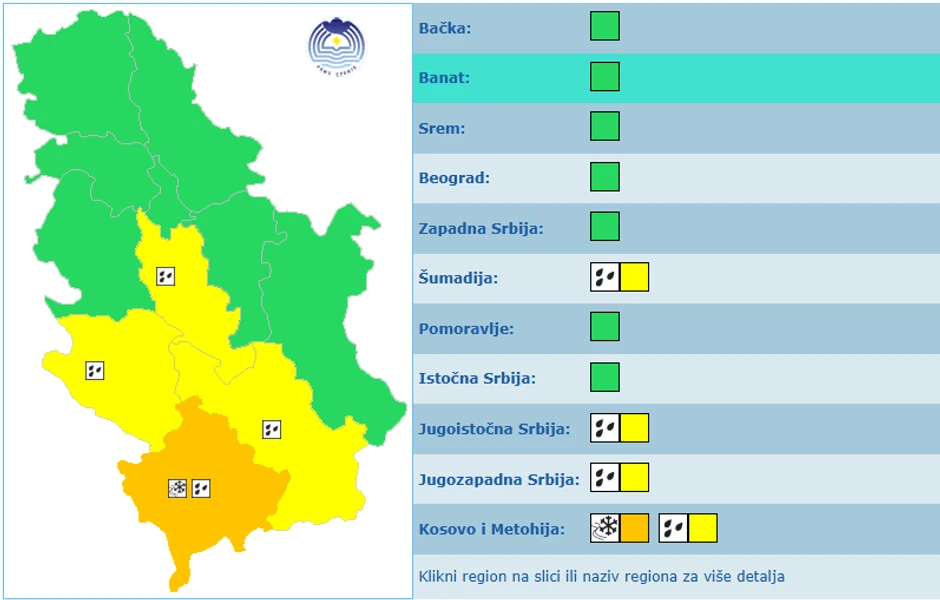 Narandžasti meteoalam na Kosovu zbog kiše i snega, i žuti meteoalarm u Šumadiji, na jugodistoku i jugozapadu Srbije zbog kiše