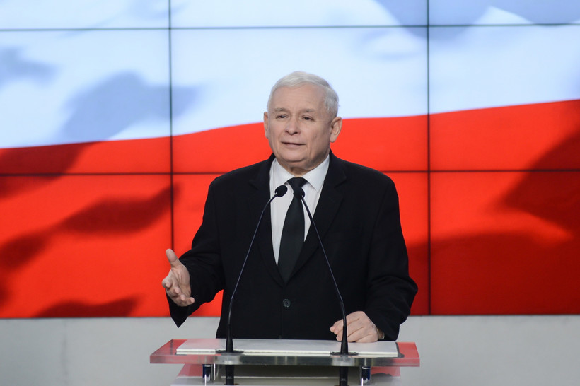 Prezes PiS Jarosław Kaczyński podczas konferencji prasowej, po spotkaniu z sekretarzem stanu Stanów Zjednoczonych Rexen Tillersonem.