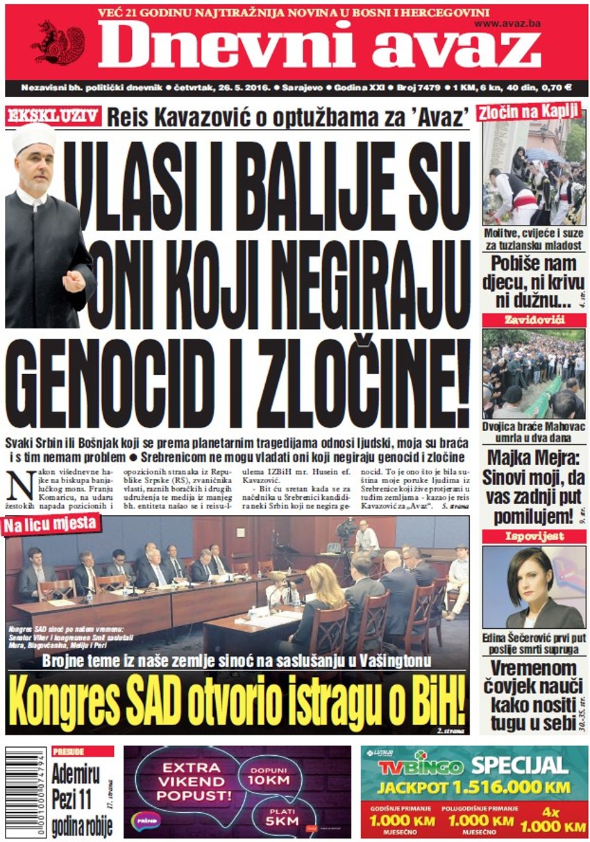 Današnja naslovna strana "Dnevnog avaza"